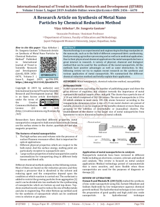 A Research Article on Synthesis of Metal Nano Particles by Chemical Reduction Method