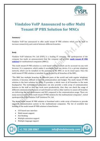 Vindaloo VoIP Announced to offer Multi Tenant IP PBX Solution for MNCs