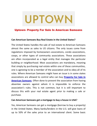 Uptown- Property For Sale In American Samoans