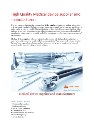High Quality Medical device supplier and manufacturers