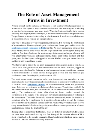 The Role of Asset Management Firms in Investment