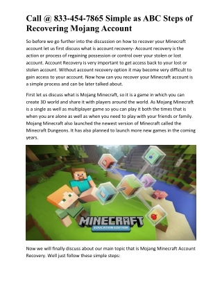 Call @ 833-454-7865 Simple as ABC Steps of Recovering Mojang Account