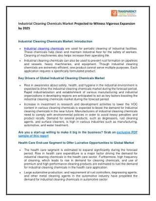 Industrial cleaning chemicals market :  Analysis and Value Forecast Snapshot by End-use Industry 202