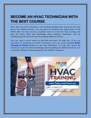 BECOME AN HVAC TECHNICIAN WITH THE BEST COURSE