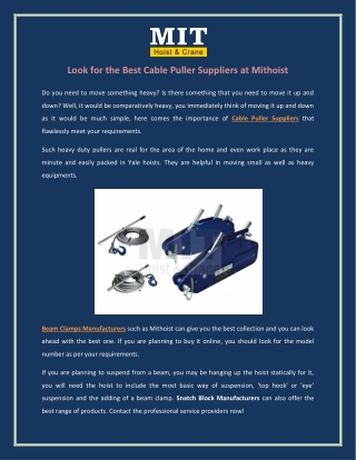 Look for the Best Cable Puller Suppliers at Mithoist