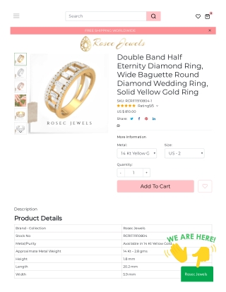 Double Band Half Eternity Diamond Ring, Wide Baguette Round Diamond Wedding Ring, Solid Yellow Gold Ring