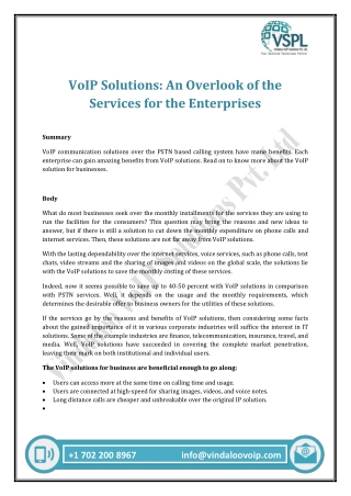 VoIP Solutions: An Overlook of the Services for the Enterprises