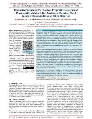 Microstructural and Mechanical Properties Analysis of Plasma ARC Welded 316L Austenitic Stainless Steel Joints without A