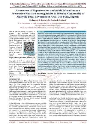 Awareness of Hypertension and Adult Education as a Preventive Measure among Adults in Ikereku Community of Akinyele Loca