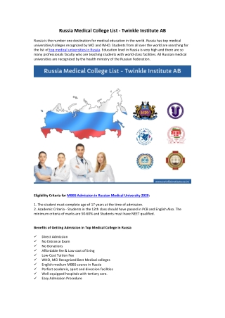 Russia Medical College List 2020 - Twinkle Institute AB