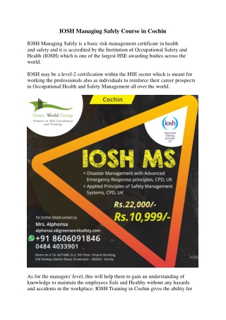 IOSH Managing Safely Course in Cochin