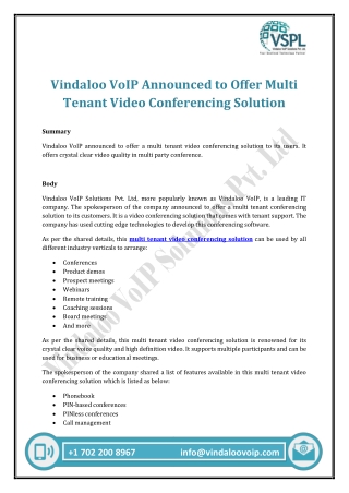 Vindaloo VoIP Announced to Offer Multi Tenant Video Conferencing Solution