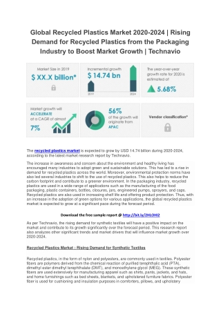 Global Recycled Plastics Market 2020-2024 | Rising Demand for Recycled Plastics from the Packaging Industry to Boost Mar