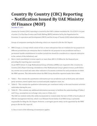 Country By Country (CBC) Reporting – Notification Issued By UAE Ministry Of Finance (MOF)