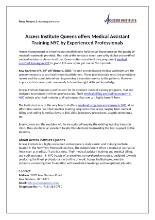 Access Institute Queens offers Medical Assistant Training NYC by Experienced Professionals