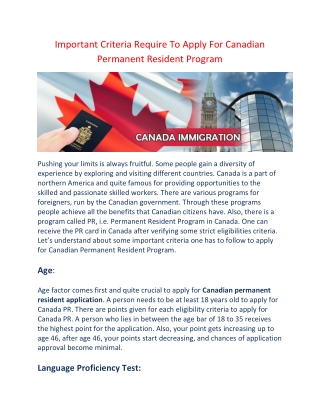Important Criteria Require To Apply For Canadian Permanent Resident Program