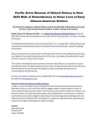 Pacific Grove Museum of Natural History to Host 2020 Walk of Remembrance to Honor Lives of Early Chinese-American Settle