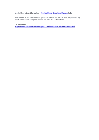 Medical Recruitment Consultant –Top Healthcare Recruitment Agency India