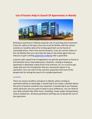 List of Factors Help In Search Of Apartments in Manila