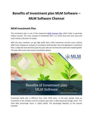 Benefits of Investment plan MLM Software – MLM Software Chennai