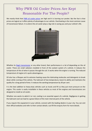 Why PWR Oil Cooler Prices Are Kept Reasonable For The People?