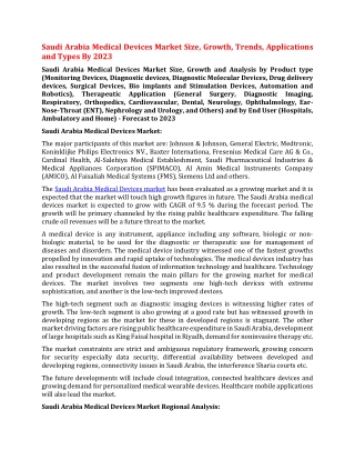 Saudi Arabia Medical Devices Market Size, Growth, Trends, Applications and Types By 2023