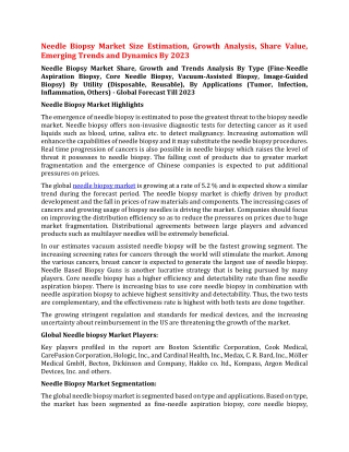 Needle Biopsy Market Size Estimation, Growth Analysis, Share Value, Emerging Trends and Dynamics By 2023