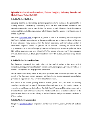 Aphakia Market Growth Analysis, Future Insights, Industry Trends and Global Share Value By 2023