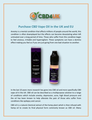 Purchase CBD Vape Oil in the UK and EU