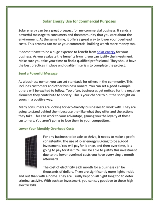 Solar Energy Use for Commercial Purposes