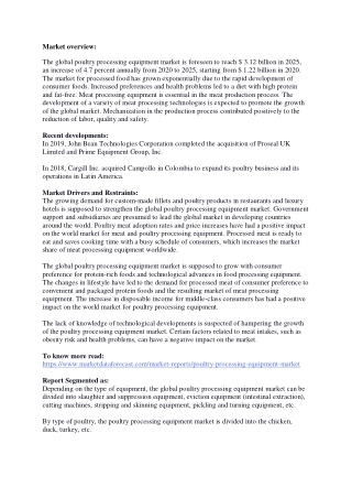 Poultry Processing Equipment Market Size and Growth Analysis Report 2020