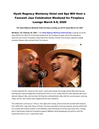 Hyatt Regency Monterey Hotel and Spa Will Host a Farewell Jazz Celebration Weekend