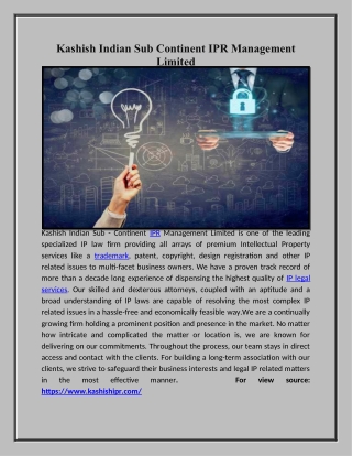 Kashish Indian Sub Continent IPR Management Limited
