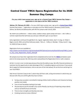 Central Coast YMCA Opens Registration for its 2020 Summer Day Camps