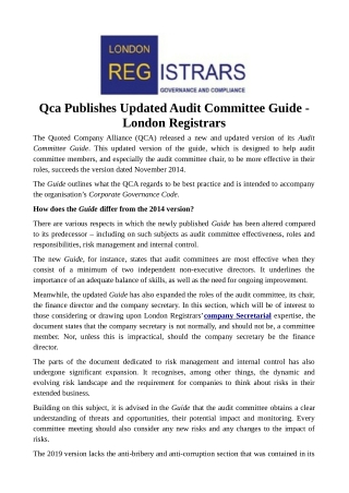 Qca Publishes Updated Audit Committee Guide - London Registrars