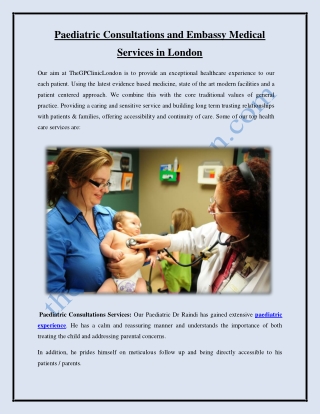 Paediatric Consultations and Embassy Medical Services in London