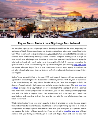 Regina Tours: Embark on a Pilgrimage Tour to Israel
