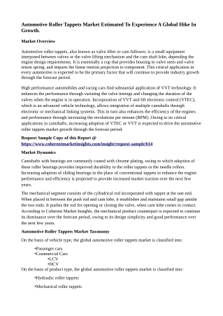 Automotive Roller Tappets Market Estimated To Experience A Global Hike In Growth.