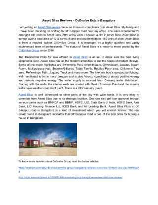 Asset Bliss Reviews - CoEvolve Estate Bangalore