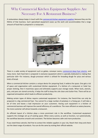 Why Commercial Kitchen Equipment Suppliers Are Necessary For A Restaurant Business?