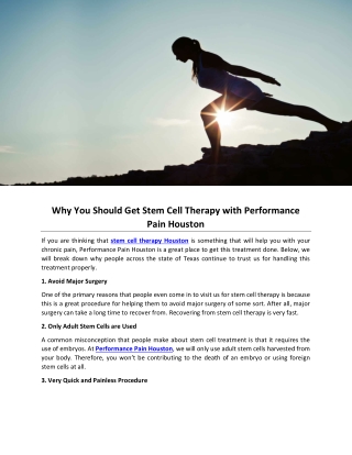 Why You Should Get Stem Cell Therapy with Performance Pain Houston