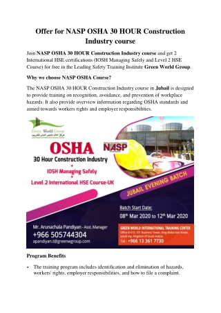 Offer for NASP OSHA 30 HOUR Construction Industry course