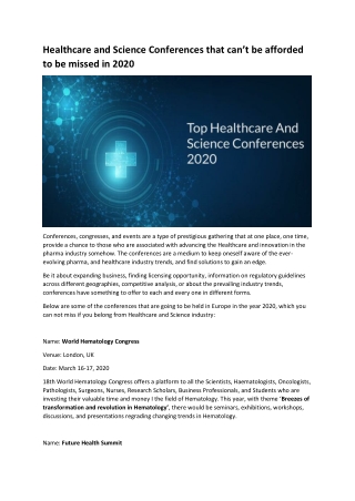 Healthcare & Science Conferences 2020