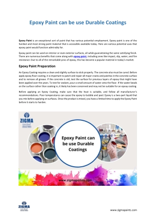 Epoxy Paint can be use Durable Coatings