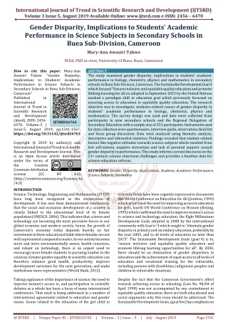 Gender Disparity, Implications to Students' Academic Performance in Science Subjects in Secondary Schools in Buea Sub Di