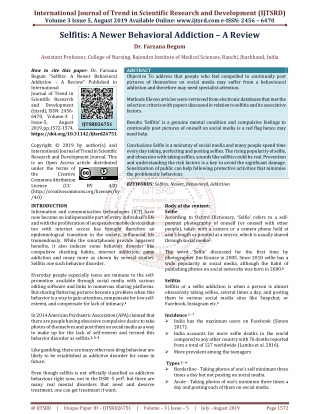 Selfitis A Newer Behavioral Addiction - A Review