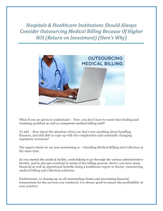 Hospitals & Healthcare Institutions Should Always Consider Outsourcing Medical Billing Because Of Higher ROI (Return on