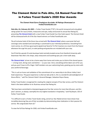 The Clement Hotel in Palo Alto, CA Named Four-Star in Forbes Travel Guide’s 2020 Star Awards