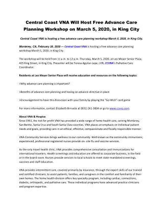 Central Coast VNA Will Host Free Advance Care Planning Workshop on March 5, 2020, in King City