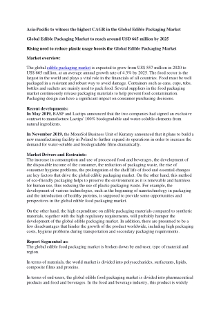 Global Edible Packaging Market to reach around USD 665 million by 2025
